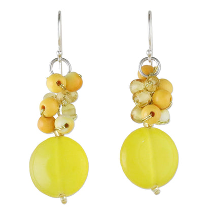 Fun Circles in Yellow Quartz and Glass Bead Dangle Earrings from Thailand