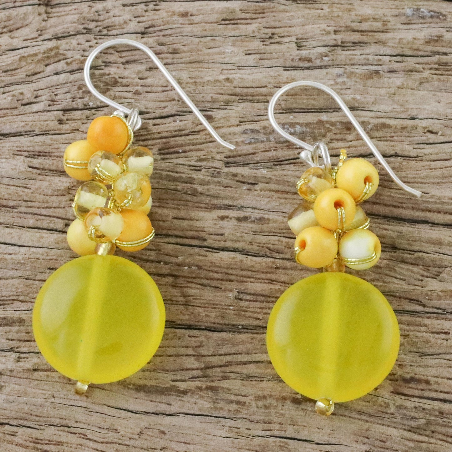 Fun Circles in Yellow Quartz and Glass Bead Dangle Earrings from Thailand