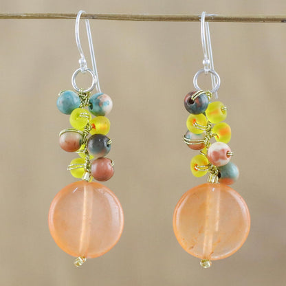 Fun Circles in Orange Orange Quartz and Glass Bead Dangle Earrings from Thailand