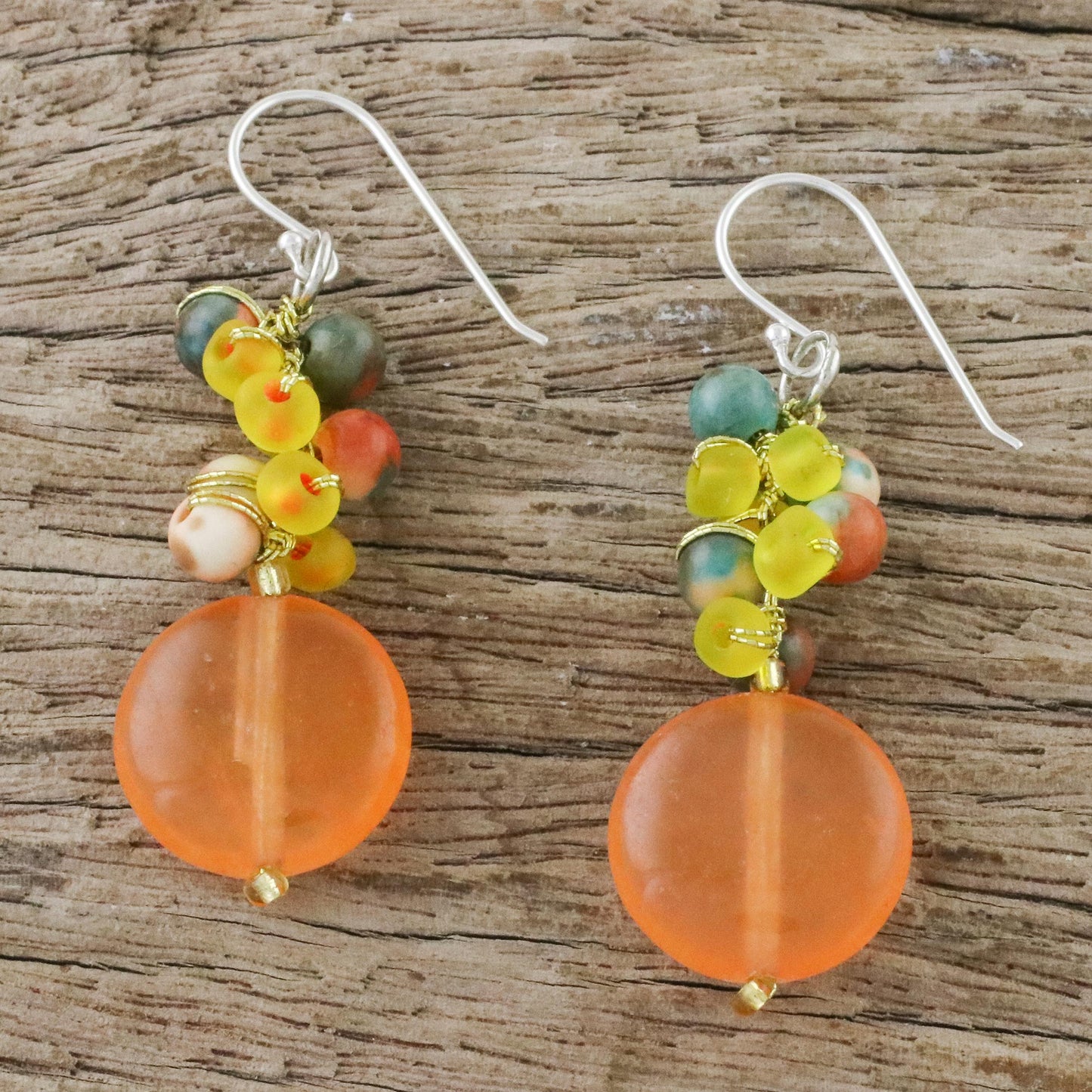 Fun Circles in Orange Orange Quartz and Glass Bead Dangle Earrings from Thailand