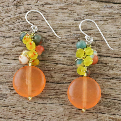 Fun Circles in Orange Orange Quartz and Glass Bead Dangle Earrings from Thailand