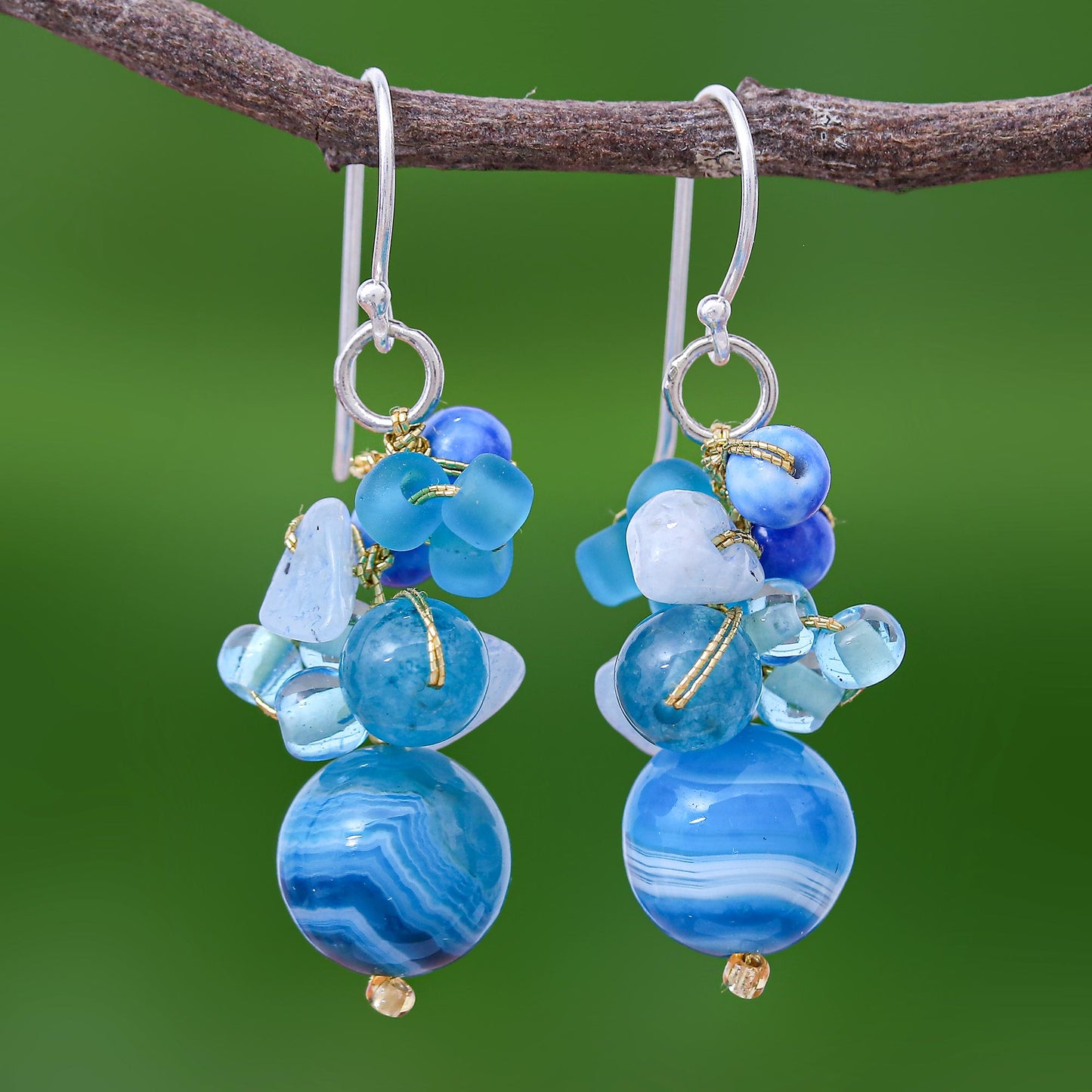 Lovely Blend in Blue Blue Quartz and Glass Bead Dangle Earrings from Thailand