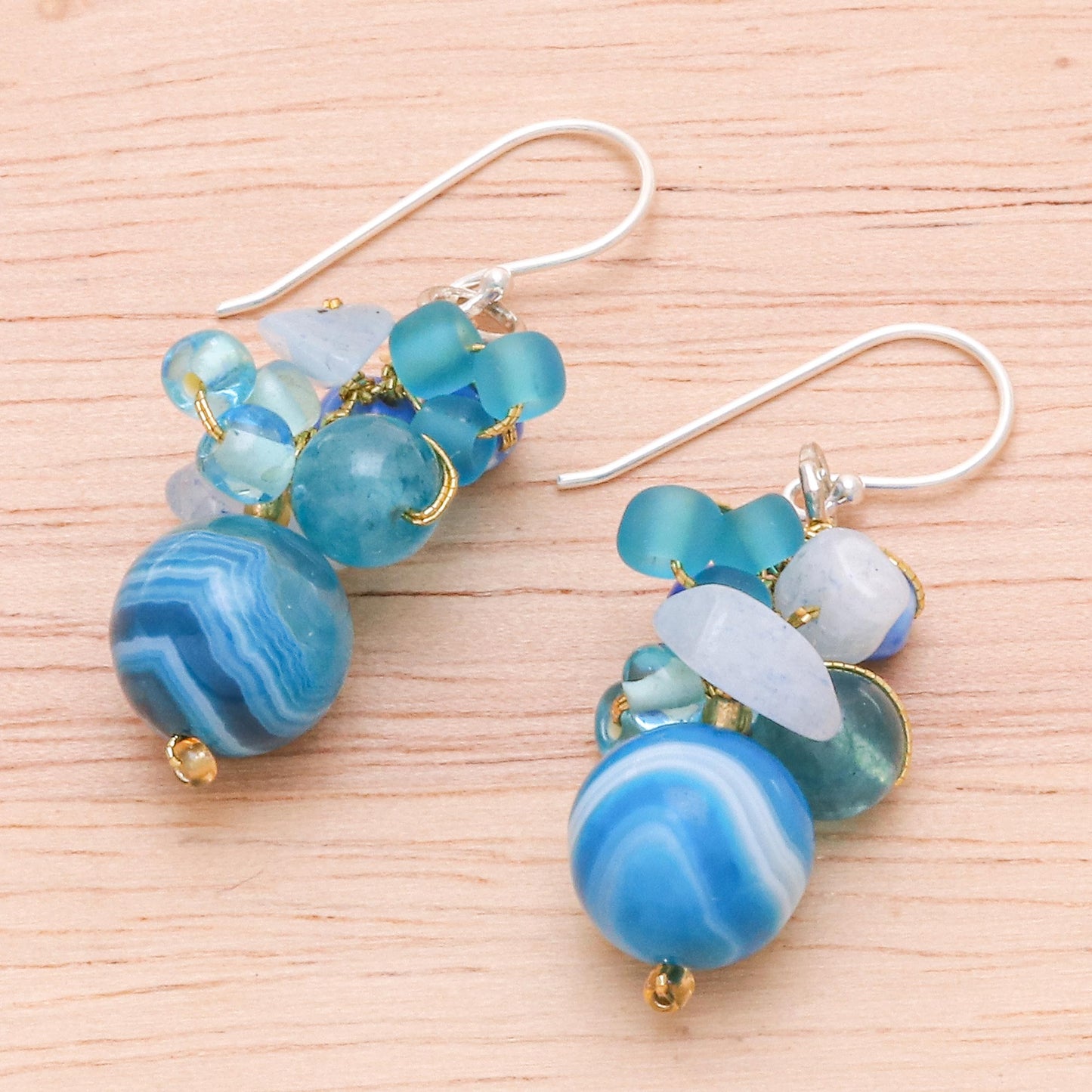 Lovely Blend in Blue Blue Quartz and Glass Bead Dangle Earrings from Thailand