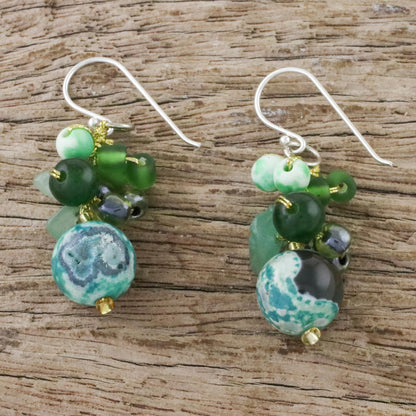 Lovely Blend in Green Green Quartz and Glass Bead Dangle Earrings from Thailand