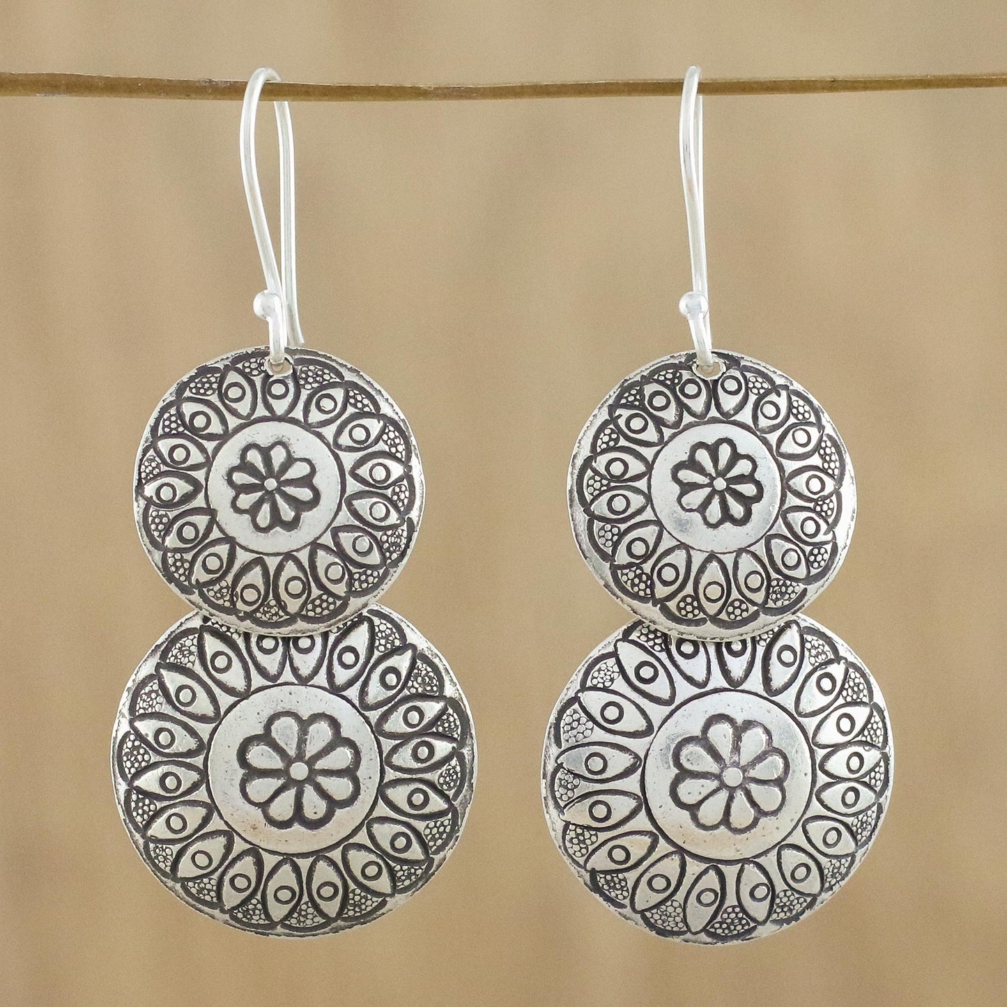 La Na Flowers Floral Karen Silver Dangle Earrings from Thailand
