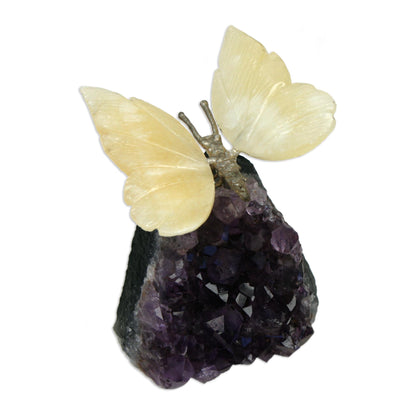 Honeyed Butterfly Gemstone Butterfly Sculpture in Honey Calcite and Amethyst