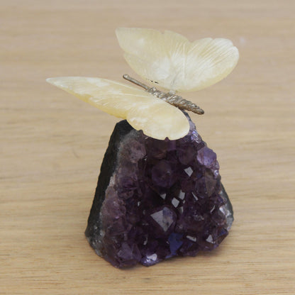 Honeyed Butterfly Gemstone Butterfly Sculpture in Honey Calcite and Amethyst