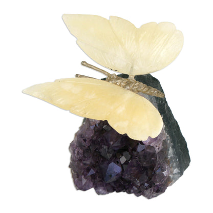 Honeyed Butterfly Gemstone Butterfly Sculpture in Honey Calcite and Amethyst