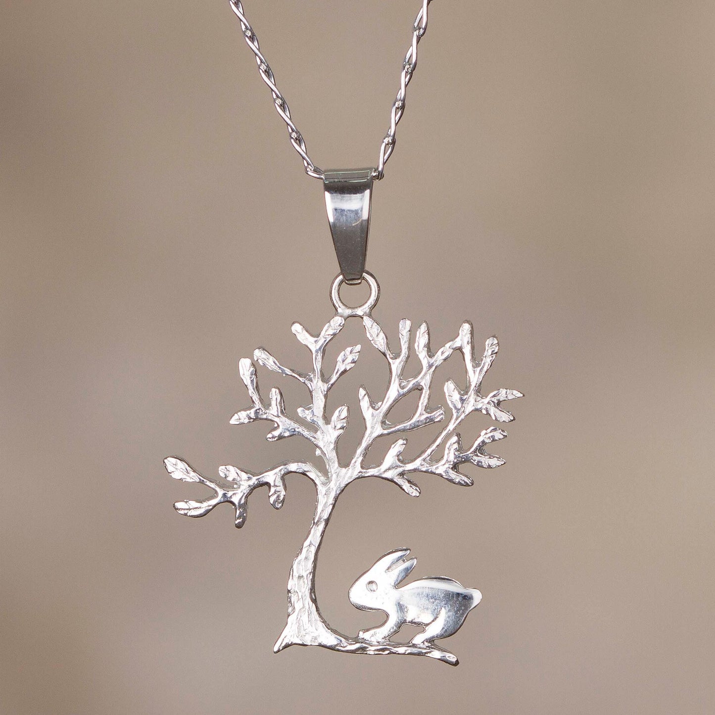 Rabbit Under a Tree Rabbit and Tree Sterling Silver Pendant Necklace from Peru