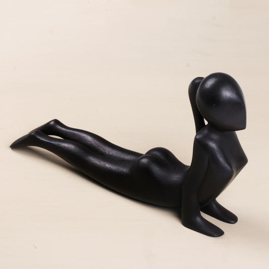 Cobra Yoga Signed Wood Statuette of Yoga Cobra Pose in Black