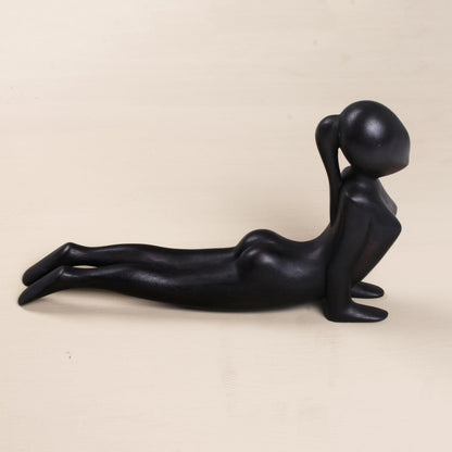 Cobra Yoga Signed Wood Statuette of Yoga Cobra Pose in Black