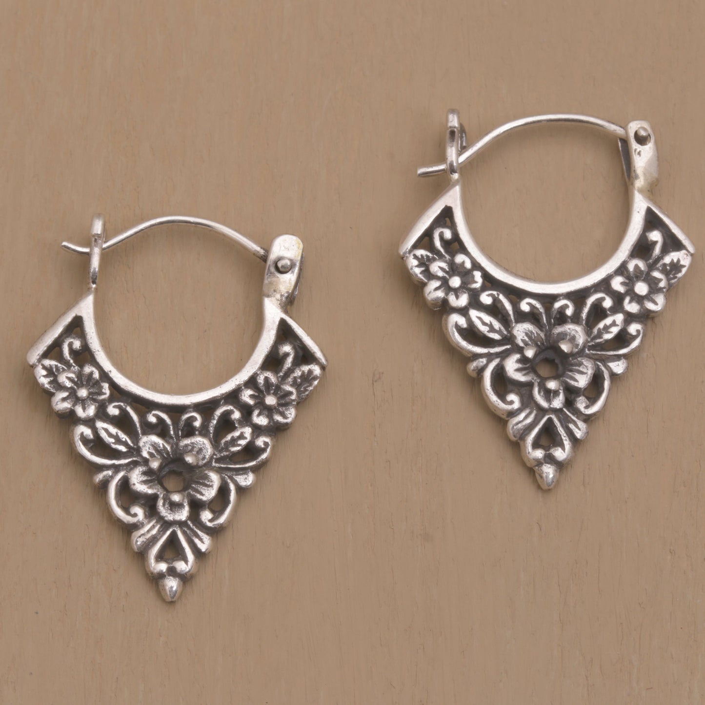 Floral Points Floral Pointed Sterling Silver Hoop Earrings from Bali