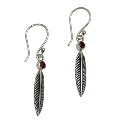 Phoenix Feathers Garnet Feather-Shaped Dangle Earrings from Bali