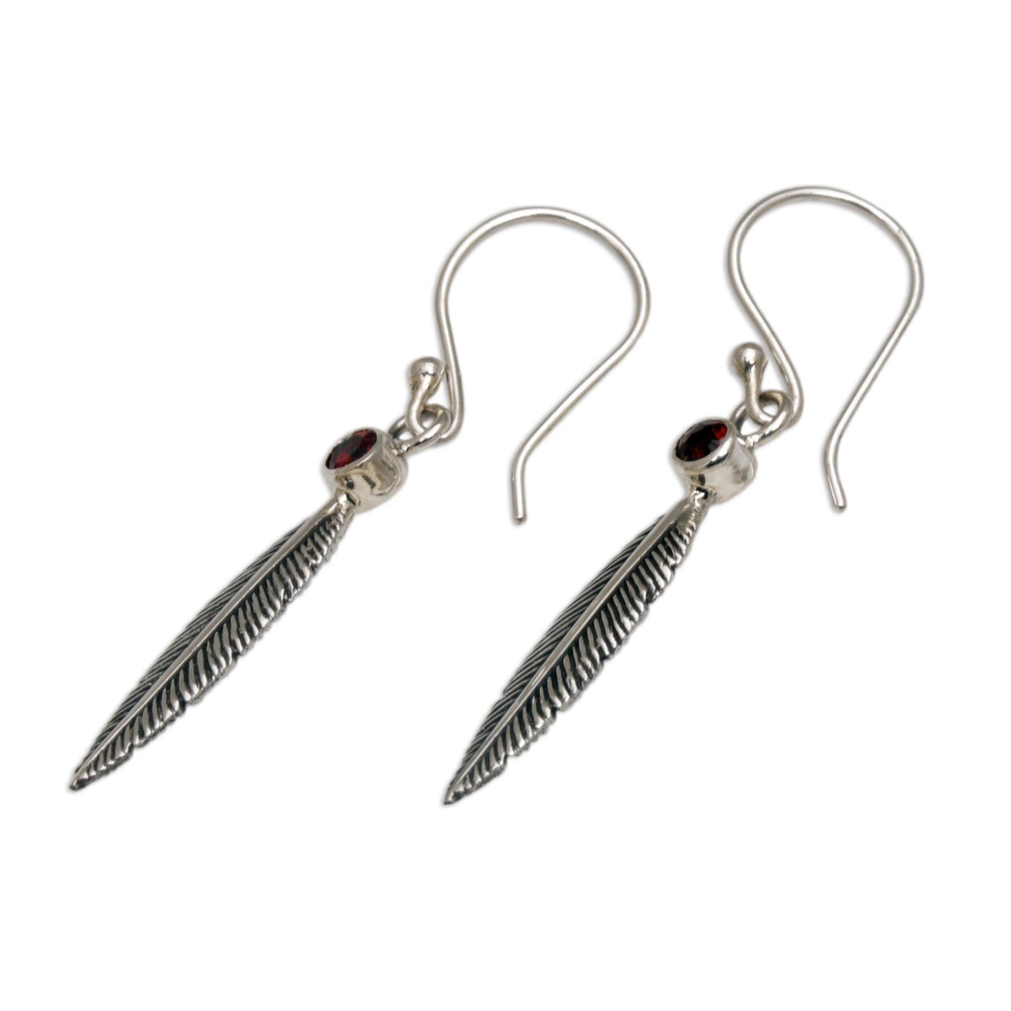 Phoenix Feathers Garnet Feather-Shaped Dangle Earrings from Bali