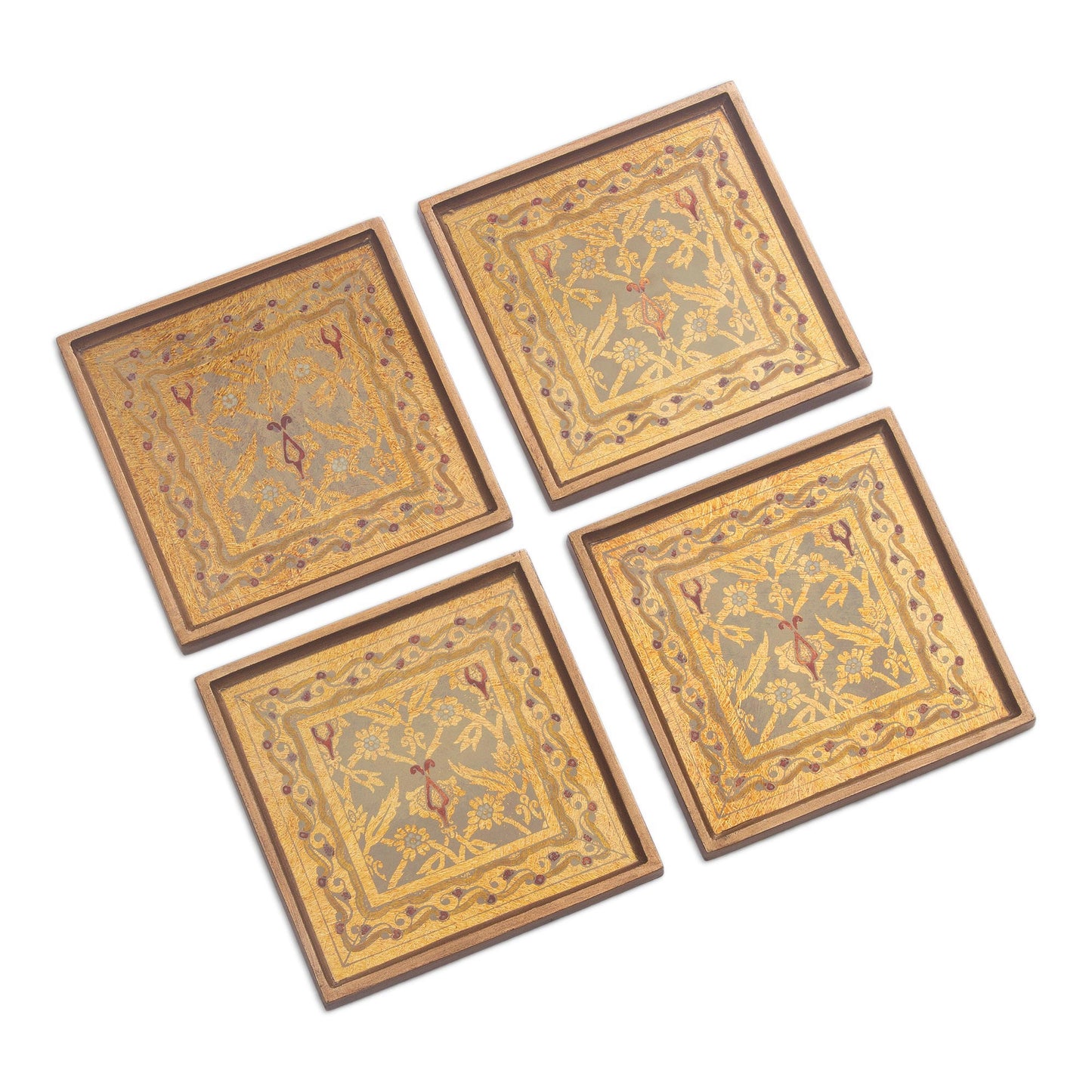 Colonial Gold Four Floral Gold-Tone Reverse Painted Glass Coasters