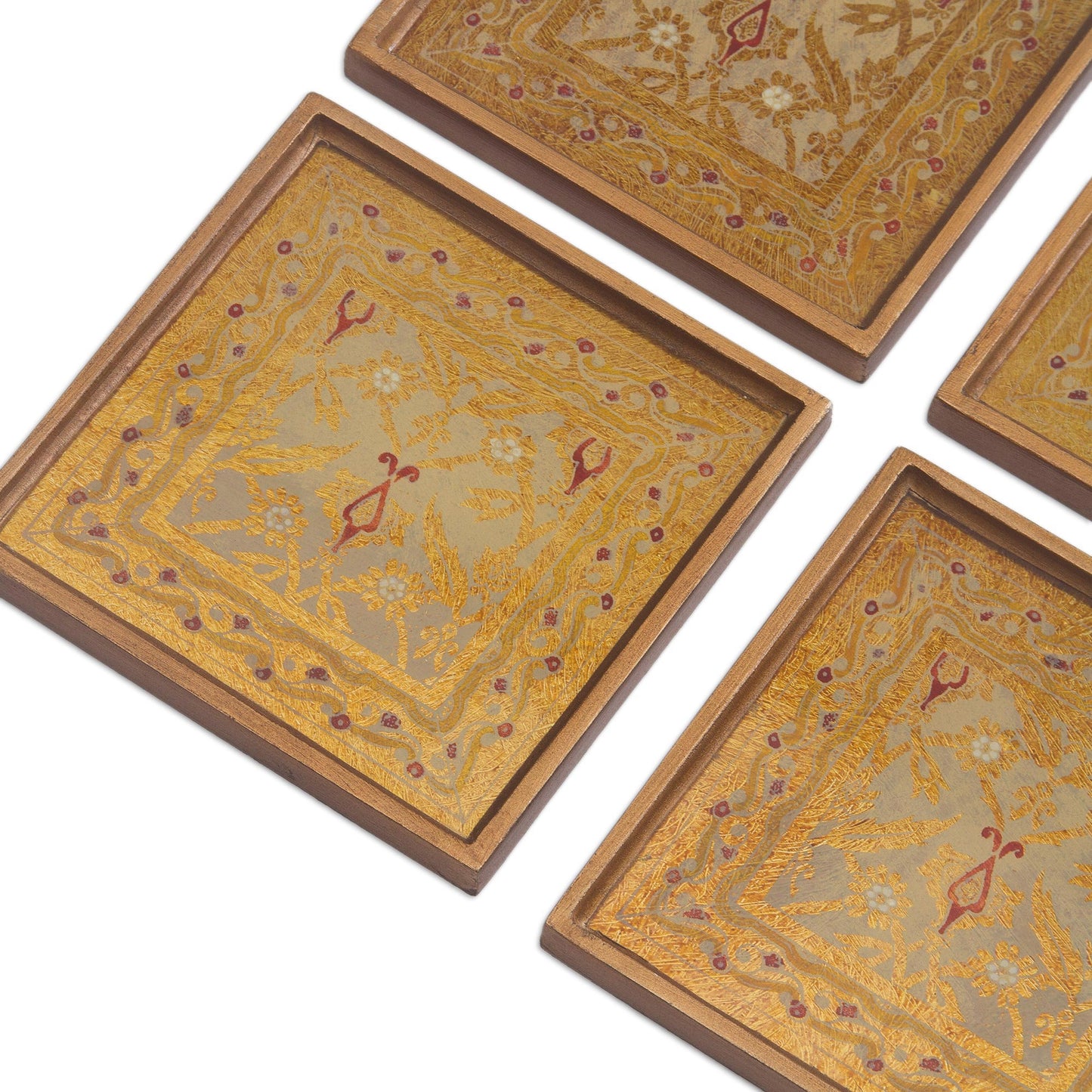 Colonial Gold Four Floral Gold-Tone Reverse Painted Glass Coasters