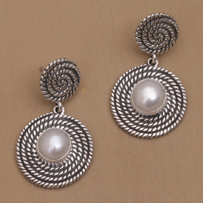 Moonlight Spirals Spiral Motif Cultured Pearl Dangle Earrings from Bali