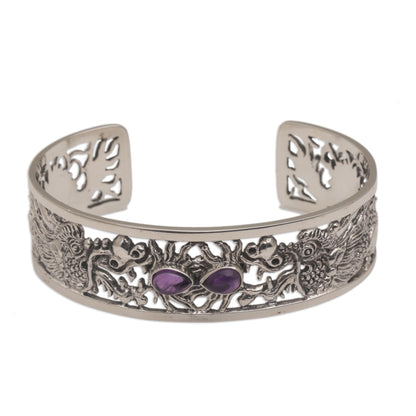 Dragon Duel Dragon Themed Sterling Silver and Amethyst Cuff Bracelet