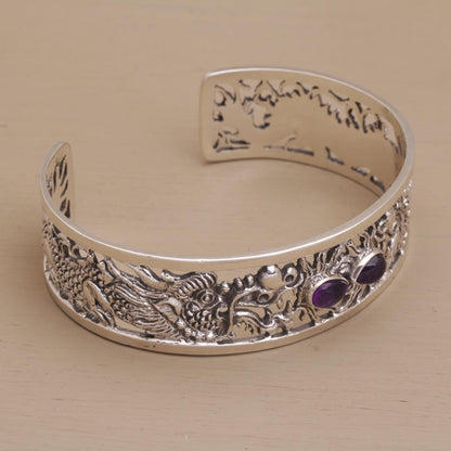 Dragon Duel Dragon Themed Sterling Silver and Amethyst Cuff Bracelet