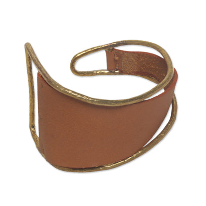 Golden Tan Swirl Golden Tan Leather and Brass Cuff Bracelet from Bali