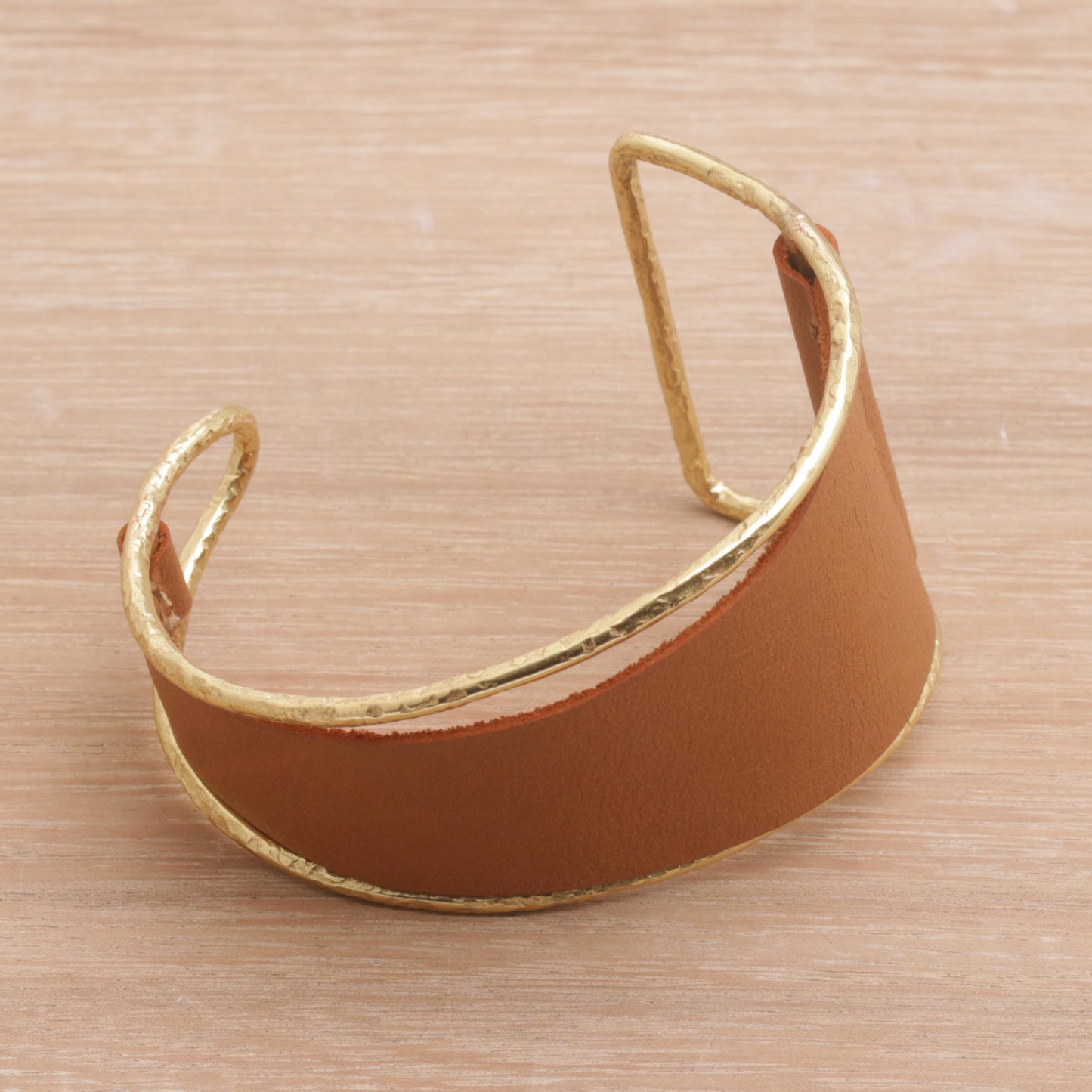 Golden Tan Swirl Golden Tan Leather and Brass Cuff Bracelet from Bali