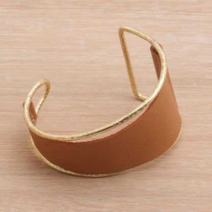 Golden Tan Swirl Golden Tan Leather and Brass Cuff Bracelet from Bali