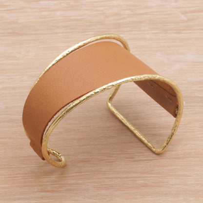 Golden Tan Swirl Golden Tan Leather and Brass Cuff Bracelet from Bali