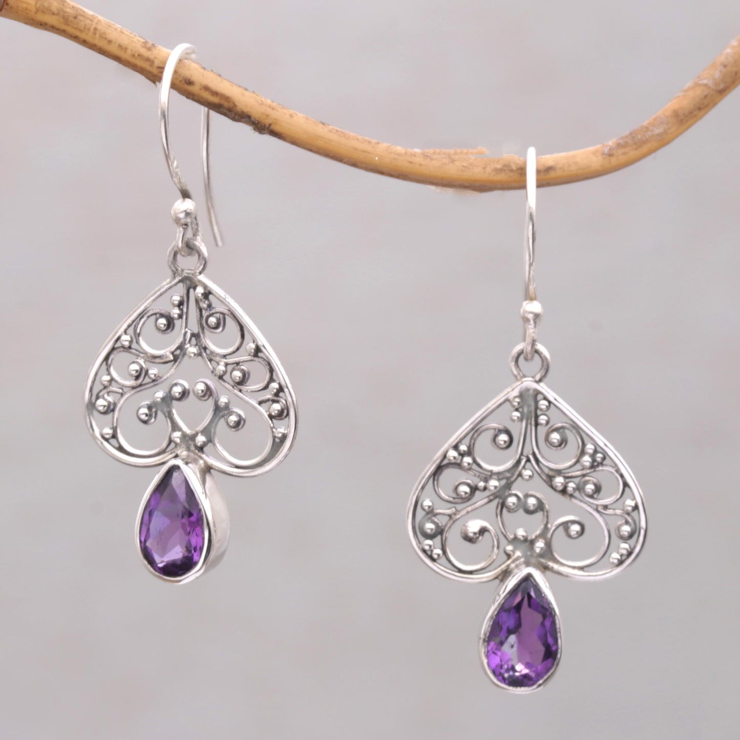 Regal Spades Amethyst and Sterling Silver Dangle Earrings from Bali