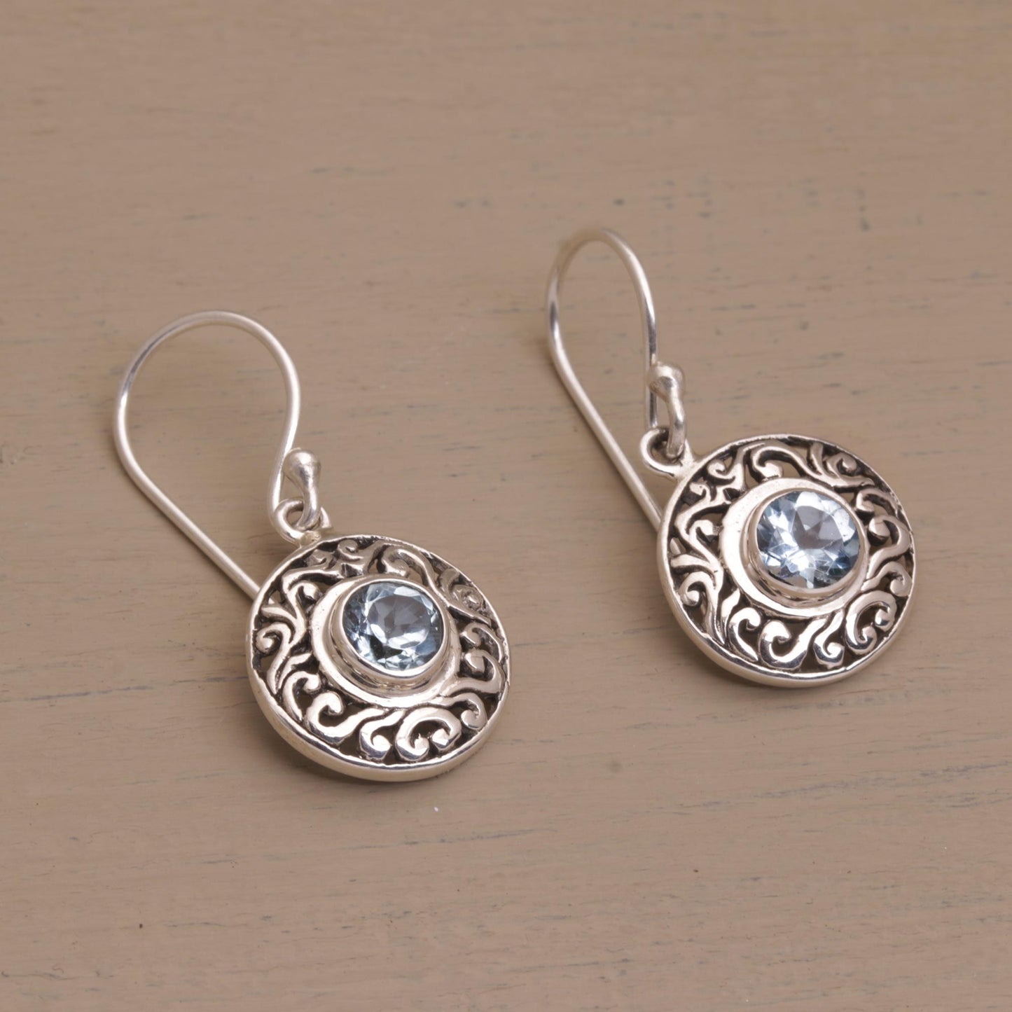 Dainty Shields Round Sterling Silver Earrings with Blue Topaz Gems