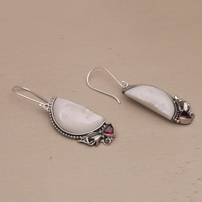 Half of My Soul Garnet Silver & Bone Dangle Earrings