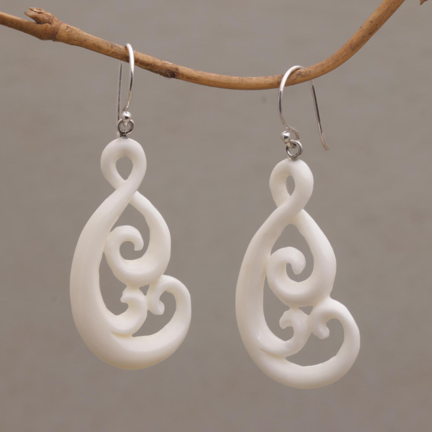 Swirly Vines Handcrafted Bone Dangle Earrings from Bali