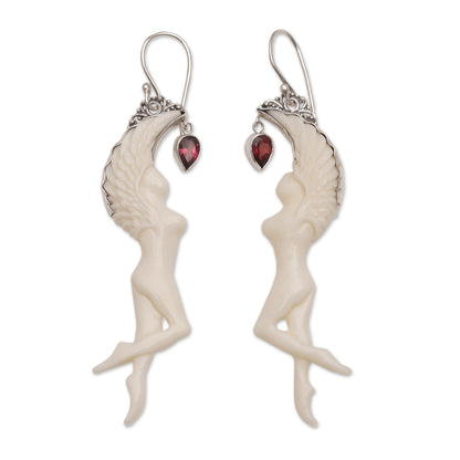 Dancing Angels Garnet Silver & Bone Dangle Earrings