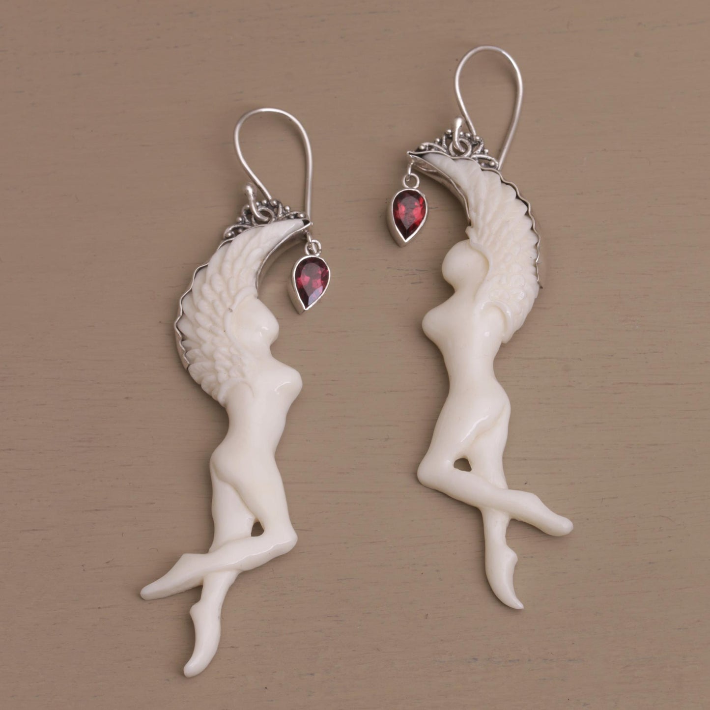 Dancing Angels Garnet Silver & Bone Dangle Earrings