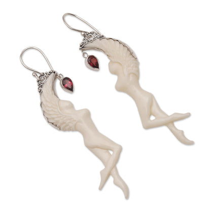 Dancing Angels Garnet Silver & Bone Dangle Earrings