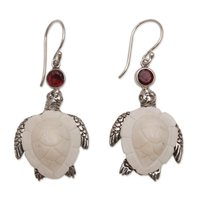 Kurma Turtles Garnet Silver & Bone Dangle Earrings