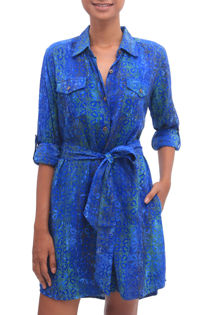 Ocean Orchid Rayon Batik Shirtdress in Blue and Green Floral Print