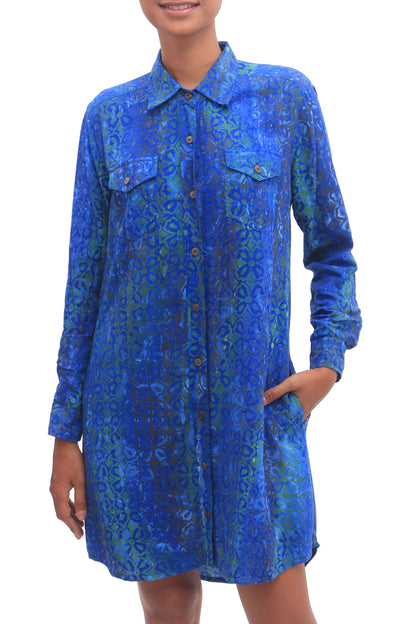 Ocean Orchid Rayon Batik Shirtdress in Blue and Green Floral Print