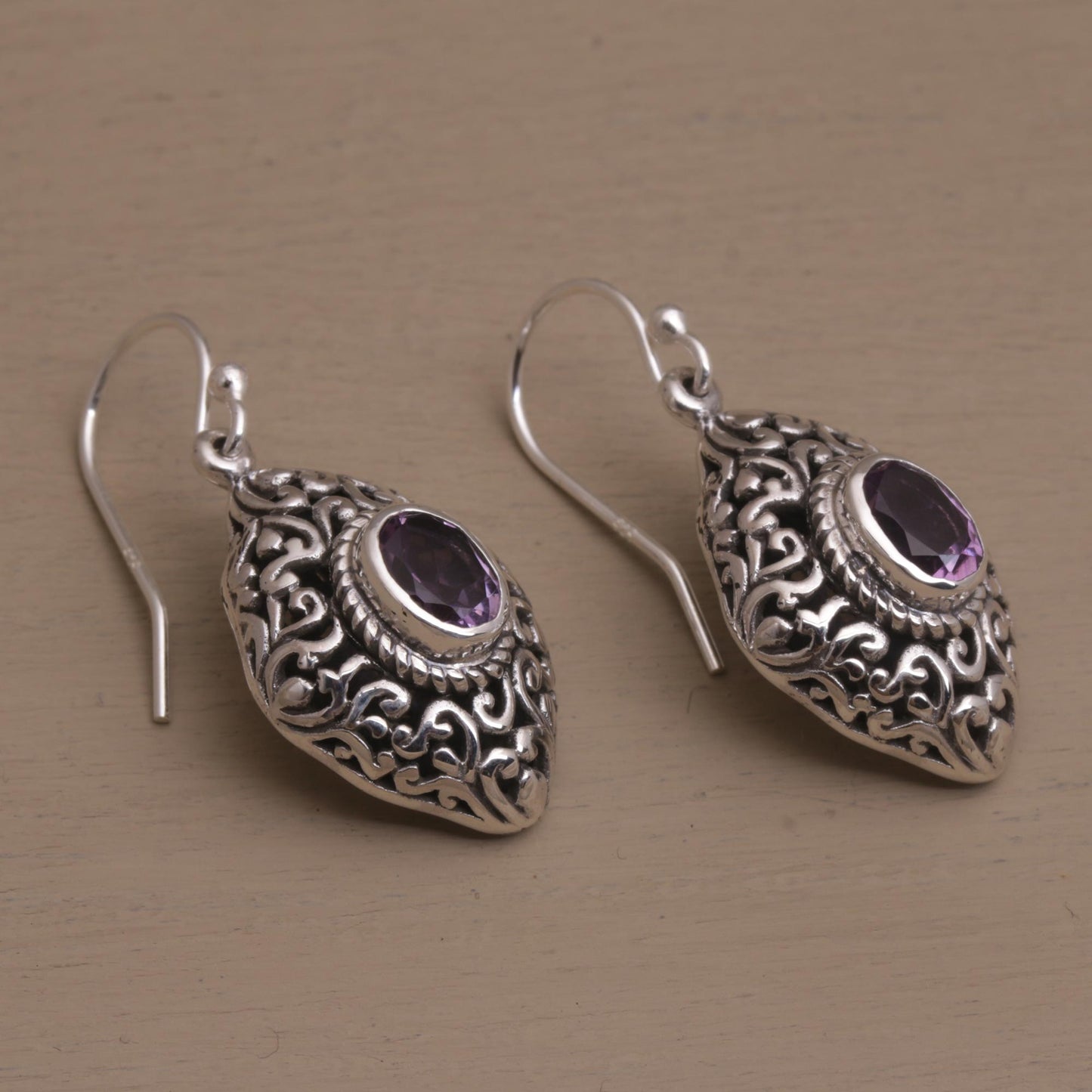 Tabanan Tendrils Amethyst and Sterling Silver Dangle Earrings from Bali