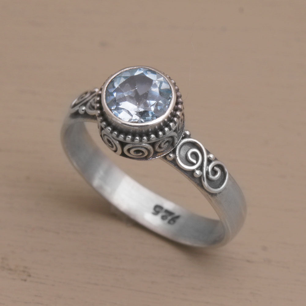 Spiral Crown Blue Topaz and Sterling Silver Solitaire Ring from Bali