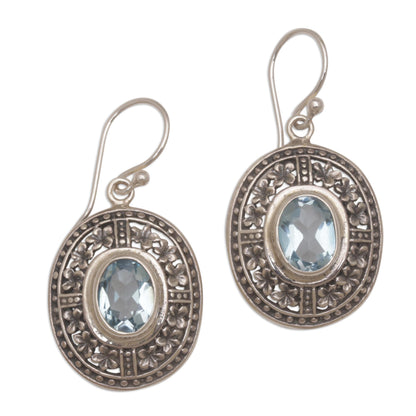 Plumeria Shield Four Carat Blue Topaz Floral Sterling Silver Earrings