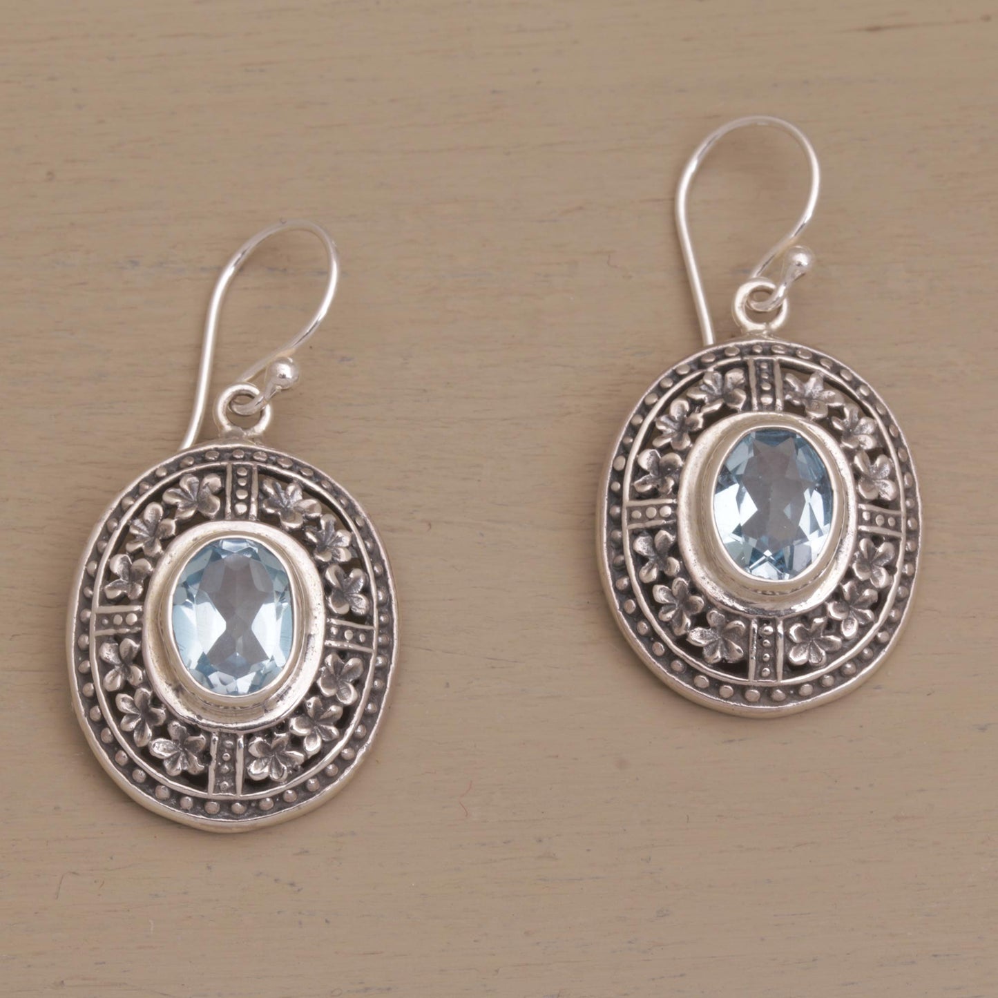 Plumeria Shield Four Carat Blue Topaz Floral Sterling Silver Earrings