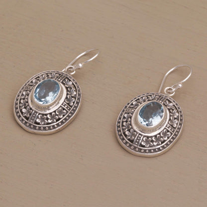 Plumeria Shield Four Carat Blue Topaz Floral Sterling Silver Earrings