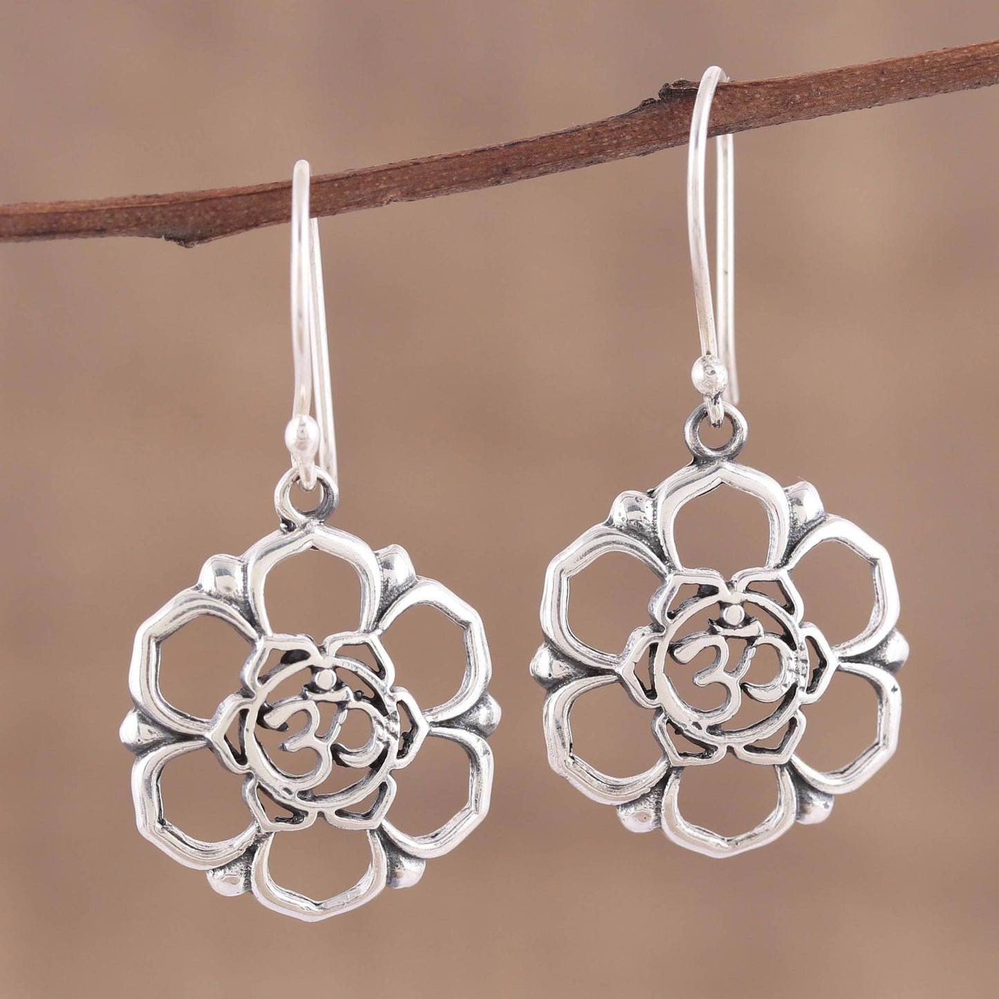 Floral Om Sterling Silver Floral Om Symbol Dangle Earrings