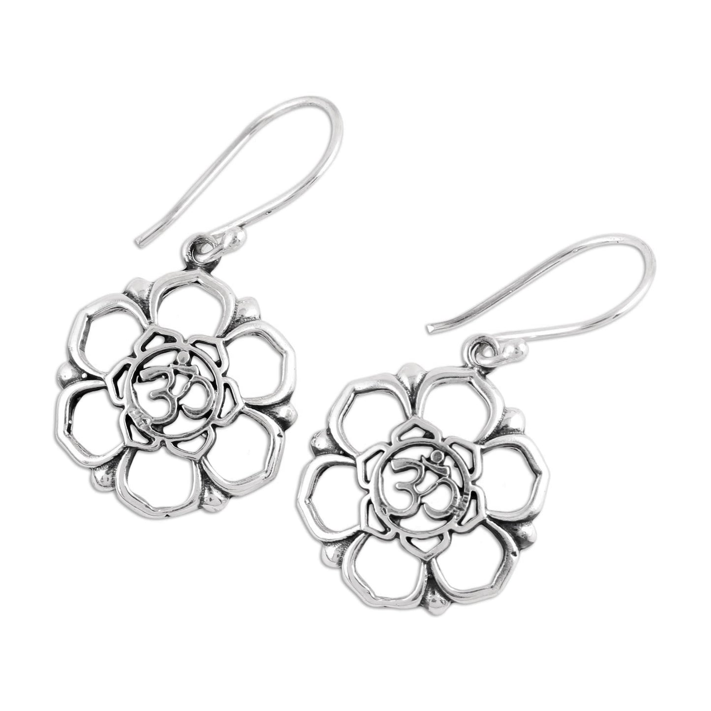 Floral Om Sterling Silver Floral Om Symbol Dangle Earrings