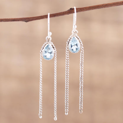 Sky Chains Teardrop Blue Topaz Dangle Earrings from India