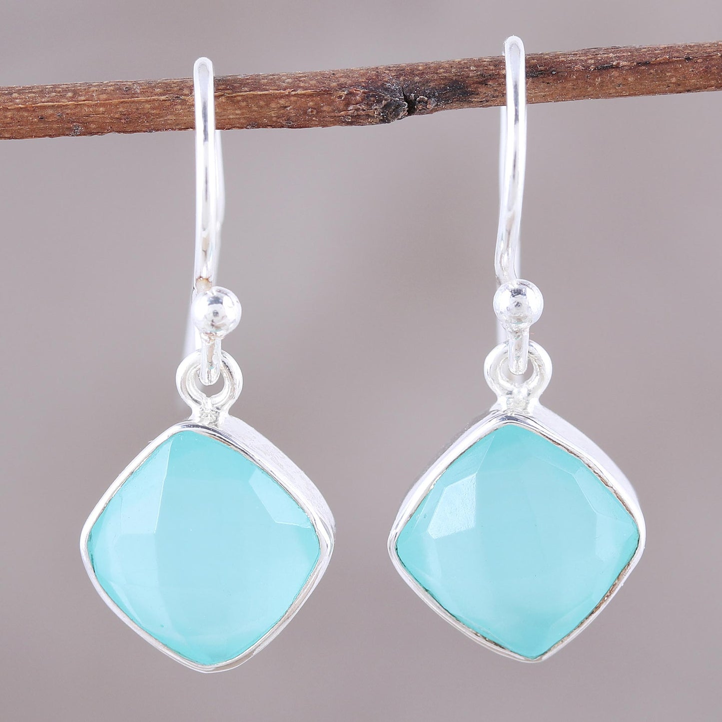 Sea Glass Faceted Aqua Chalcedony Dangle Earrings