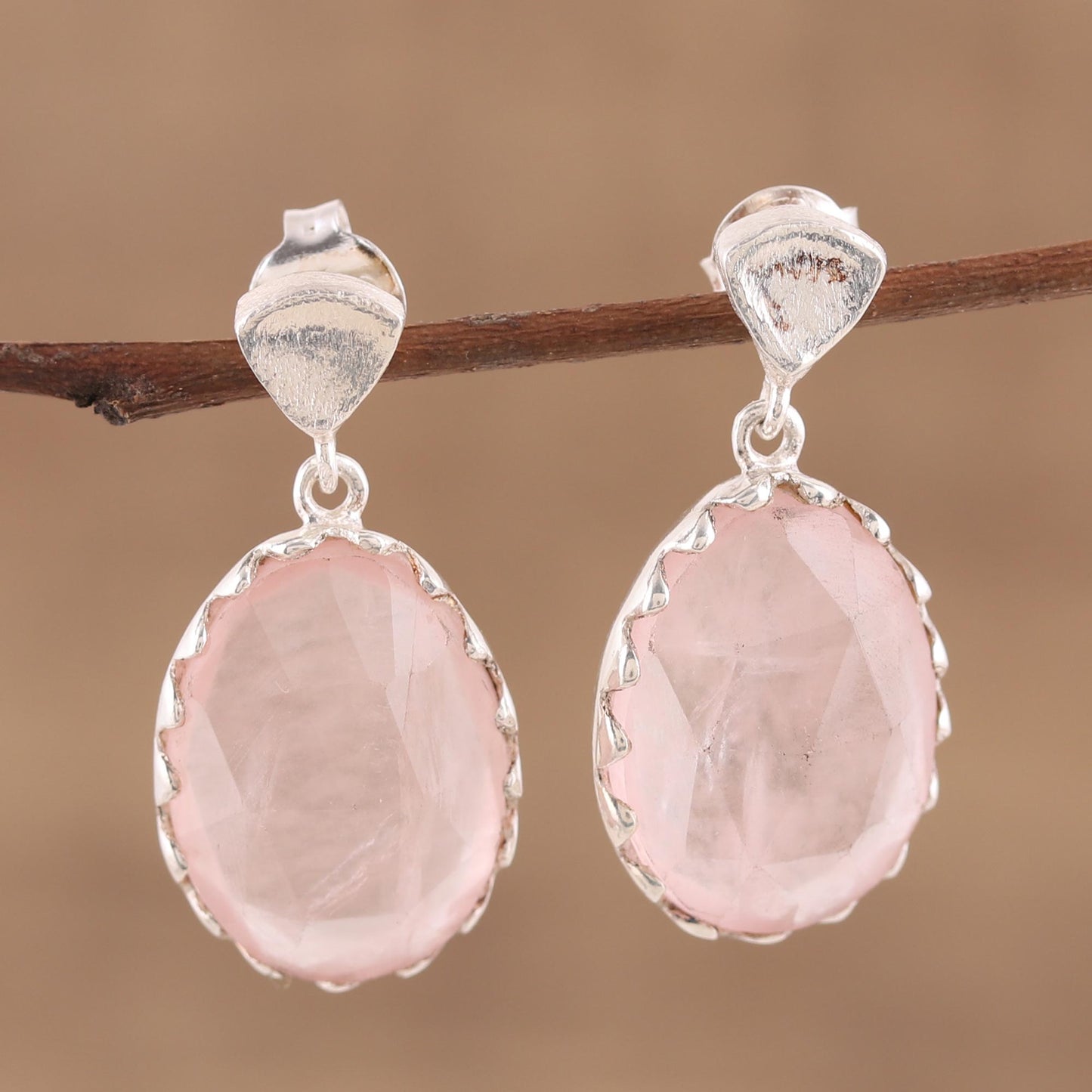 Cherish Me Rose Quartz and Sterling Silver Dangle Earrings from India