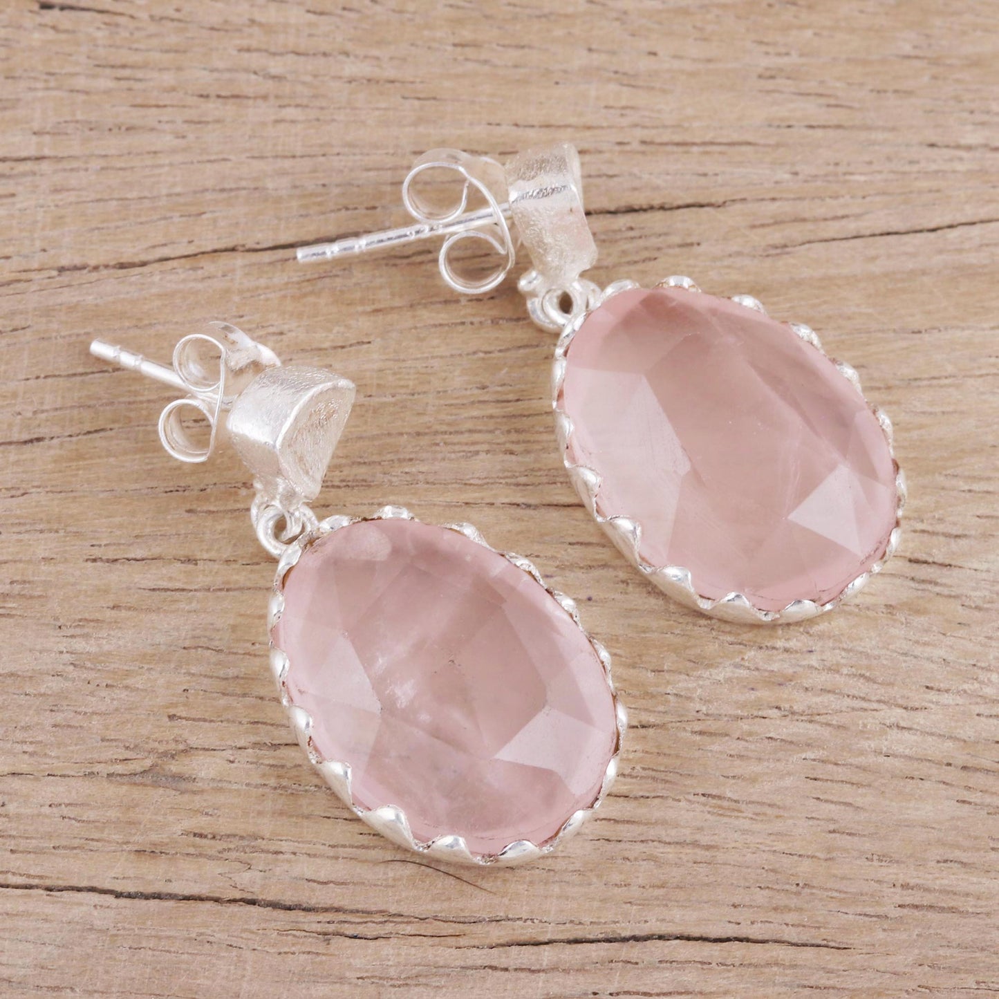 Cherish Me Rose Quartz and Sterling Silver Dangle Earrings from India