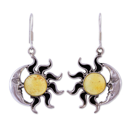 Resplendent Sunset Mexican Sterling Silver and Amber Sun Moon Hook Earrings