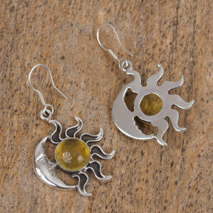 Resplendent Sunset Mexican Sterling Silver and Amber Sun Moon Hook Earrings
